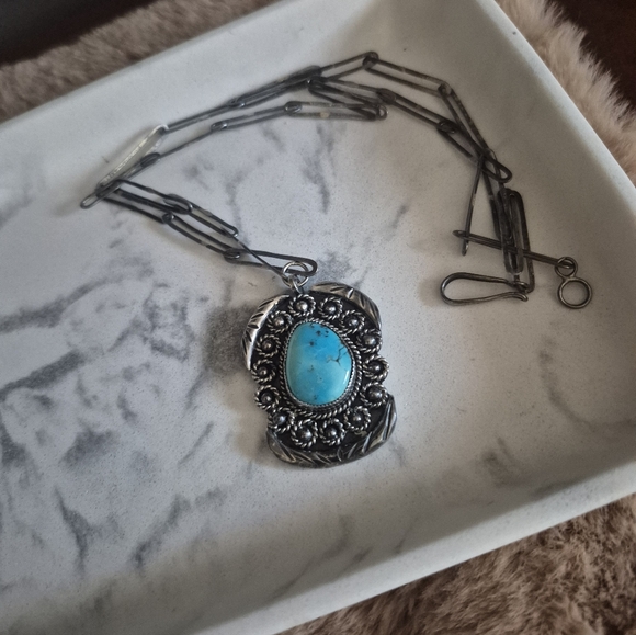 Vintage Signed Mens Turquoise and Silver Necklace and Ring Set - Picture 8 of 9